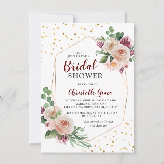 Geometrisches Gold Burgundy Boho Blume Brautparty Einladung (Vorderseite)