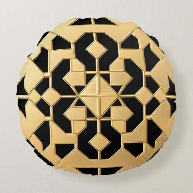 Geometrisches Gold-Panel Rundes Kissen (Vorderseite)