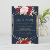 Geometrisches Gold Red Brunch & Bubbly Brautparty Einladung (Stehend Vorderseite)