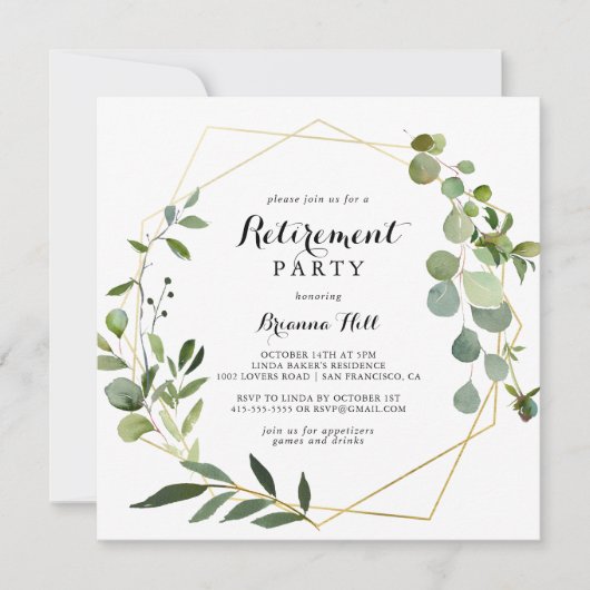 Geometrisches Gold Tropical Green Retirement Party Einladung (Vorderseite)
