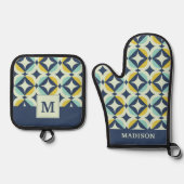 Geometrisches Gold- und Blaumuster Ofenhandschuh & Topflappen-Set (Vorderseite)