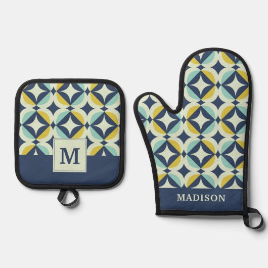 Geometrisches Gold- und Blaumuster Ofenhandschuh & Topflappen-Set (Vorderseite)