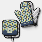 Geometrisches Gold- und Blaumuster Ofenhandschuh & Topflappen-Set (Vorderseite/Rückseite)