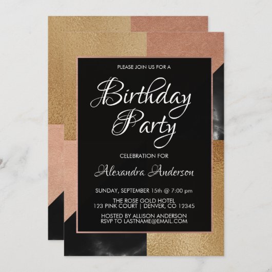 Geometrisches Gold und Rose Gold Marmor Geburtstag Einladung (Vorne/Hinten)