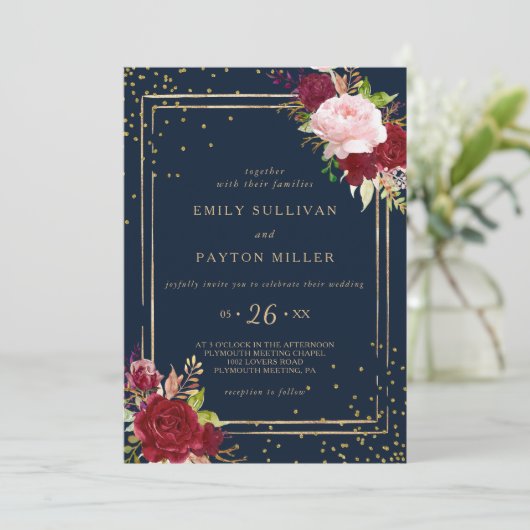 Geometrisches Gold und tropische Hochzeiten Einladung (Stehend Vorderseite)