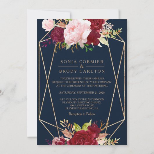 Geometrisches Gold und tropische Rot-Hochzeit Einladung (Vorderseite)