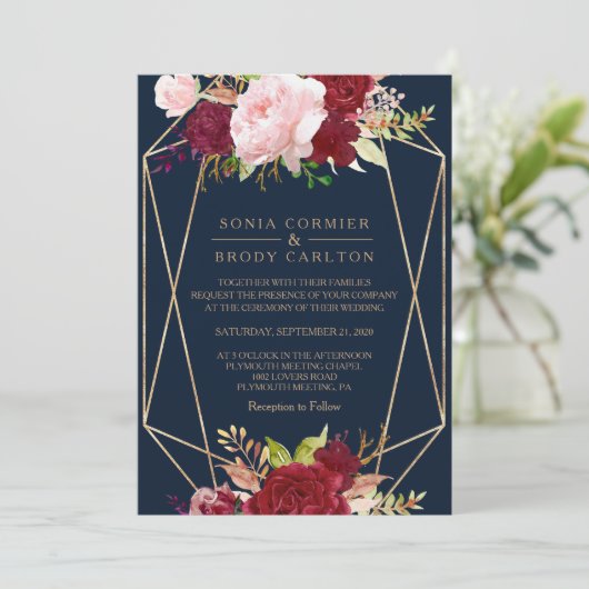 Geometrisches Gold und tropische Rot-Hochzeit Einladung (Stehend Vorderseite)