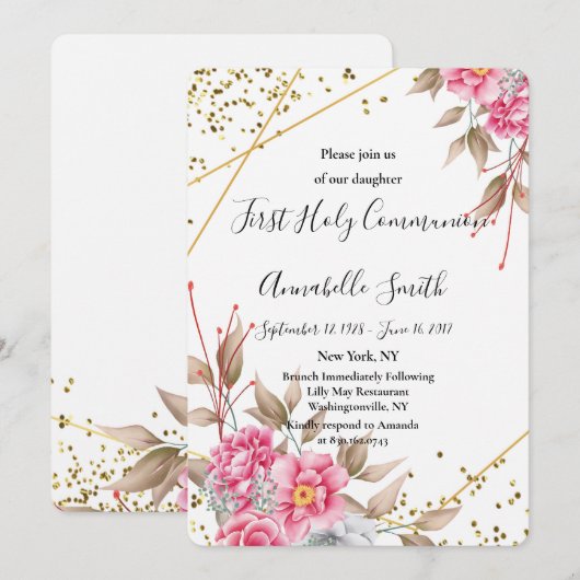 Geometrisches goldfarbenes Frame Rosa Floral First Einladung (Vorne/Hinten)