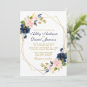 Geometrisches goldfarbenes Rosa Blush Blue Wedding Einladung (Stehend Vorderseite)