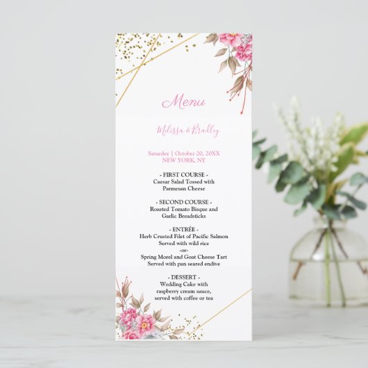 Geometrisches Goldrahmen-Rosa-Blumenmenü Programm (Stehend Vorderseite)