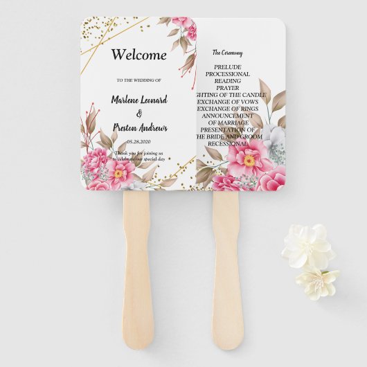Geometrisches Goldrahmen-Rosa-Floral-Hochzeitsprog Fächer (Vorne und Hinten)