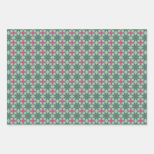 Geometrisches grün rosa Set Geschenkpapier Set (Vorderseite)