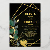 Geometrisches grün verlassen Rahmen und goldschwar Folieneinladung (Vorderseite)