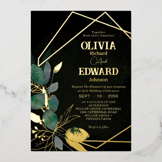 Geometrisches grün verlassen Rahmen und goldschwar Folieneinladung (Vorderseite)