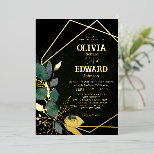 Geometrisches grün verlassen Rahmen und goldschwar Folieneinladung (Stehend vorne)