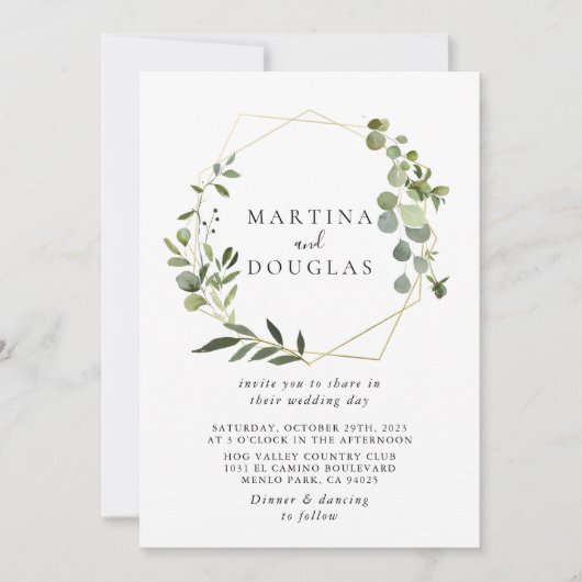 Geometrisches grünes Eukalyptus Back & Front Weddi Einladung (Vorderseite)