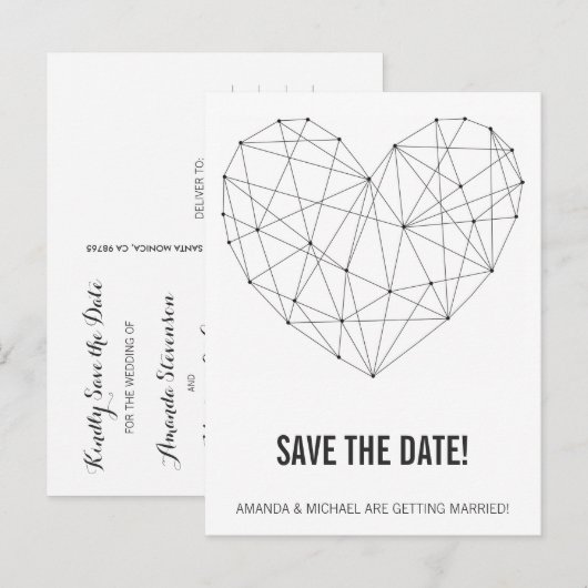 Geometrisches Herz Save the Date Postkartenvorlage Ankündigungspostkarte (Vorne/Hinten)
