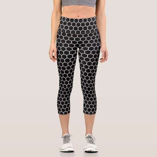 Geometrisches Hexagonalmuster für Schwarz-weiße Ho Capri Leggings (Vorderseite)
