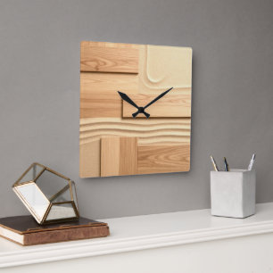 Geometrisches Holz auf Sanddesign Quadratische Wanduhr