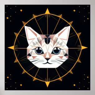 Geometrisches Katzen-Design umgeben von goldenen S Poster