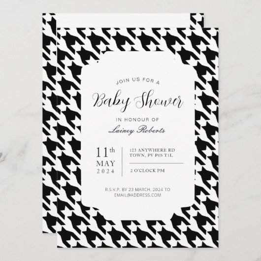 Geometrisches klassisches Schwarz-Weiß-Hahnentritt Einladung (Vorne/Hinten)