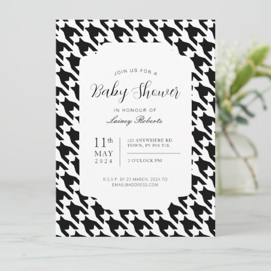 Geometrisches klassisches Schwarz-Weiß-Hahnentritt Einladung (Stehend Vorderseite)