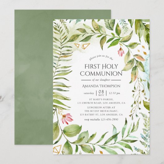 Geometrisches Kristallgrün Erste Heilige Kommunion Einladung (Vorne/Hinten)