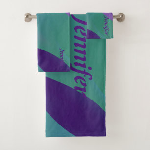 Geometrisches Lavendel (türkis) violett mit Namen Badhandtuch Set