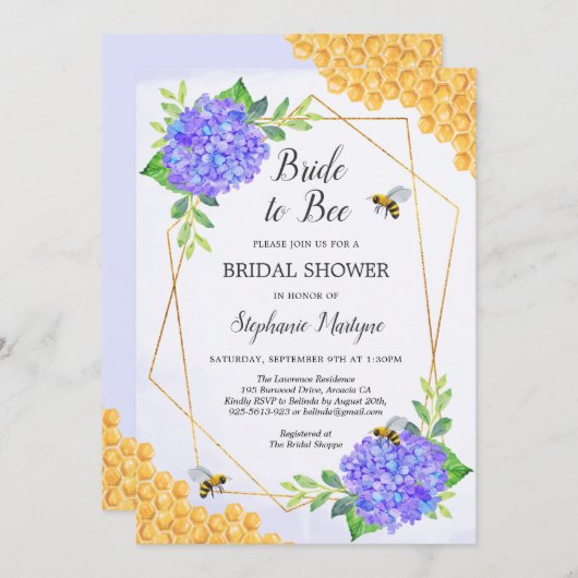 Geometrisches Lila Hydrangea Honey Bee Brautparty Einladung (Vorne/Hinten)