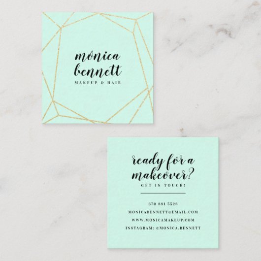 Geometrisches Lineart Chic Glitzer Minze grün Quadratische Visitenkarte (Vorne/Hinten)