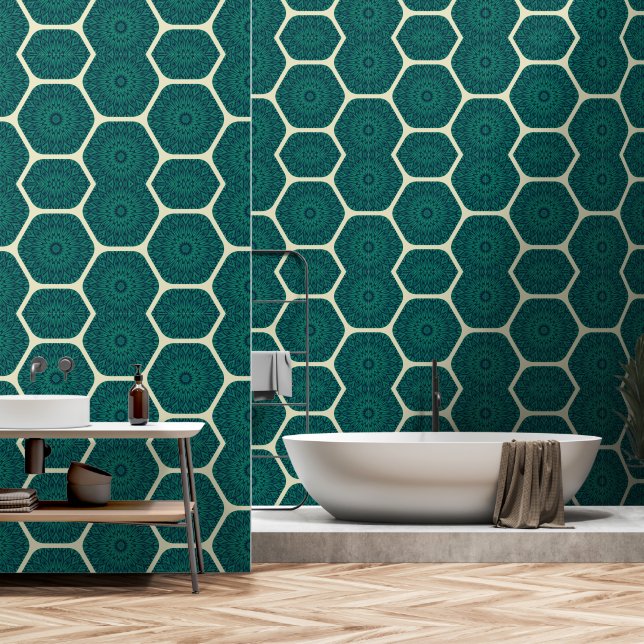 Geometrisches Mandala Hexagon-Muster - Deep Green  Tapete (Badezimmer)