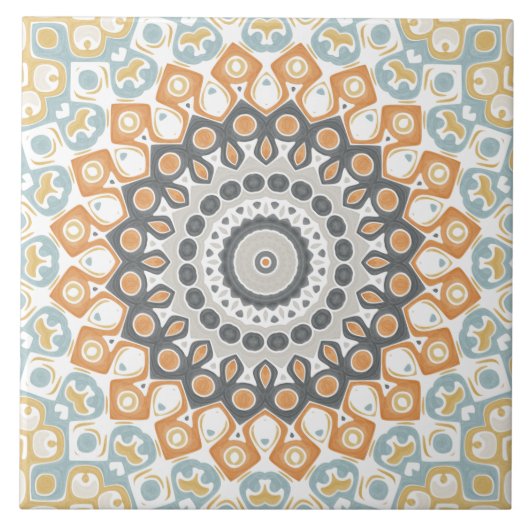 Geometrisches Mandala in Orange, Grau und Blau Fliese (Vorderseite)