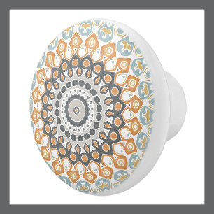 Geometrisches Mandala in Orange, Grau und Blau Keramikknauf