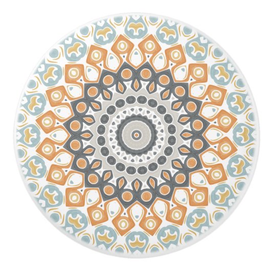 Geometrisches Mandala in Orange, Grau und Blau Keramikknauf (Vorderseite)