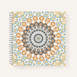Geometrisches Mandala in Orange, Grau und Blau Notizblock