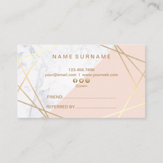 Geometrisches Marmorgoldhellrosa Empfehlung Visitenkarte (Rückseite)