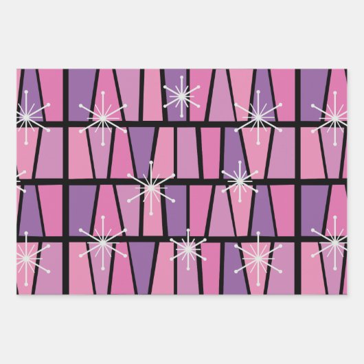 Geometrisches MCM Abstrakt rosa Lila Geschenkpapier Set (Vorderseite)