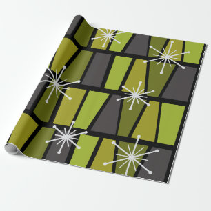 Geometrisches MCM Abstraktes Olive Green Geschenkpapier