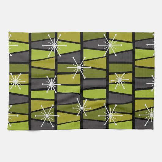 Geometrisches MCM Abstraktes Olive Green Geschirrtuch (Horizontal)