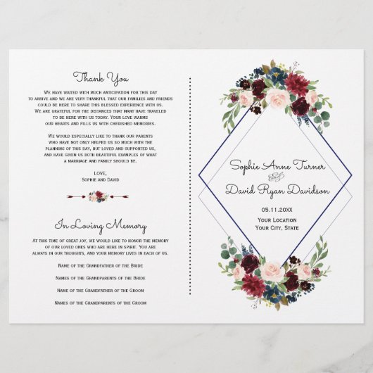Geometrisches Merlot Navy Blue Floral Wedding Prog (Vorderseite)