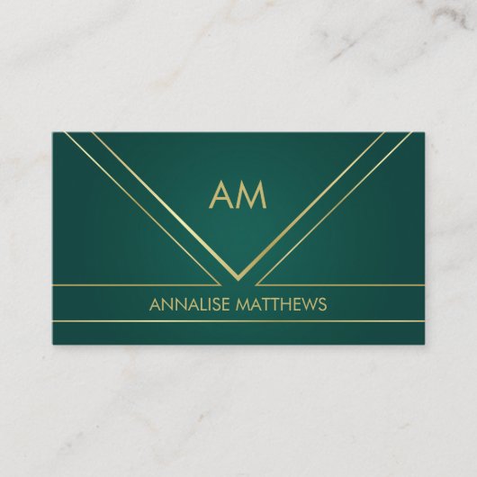 Geometrisches Minimal-Gold Monogramm Emerald Green Visitenkarte (Vorderseite)
