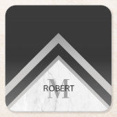 Geometrisches mit Monogramm schwarzes Silber Rechteckiger Pappuntersetzer (Vorderseite)