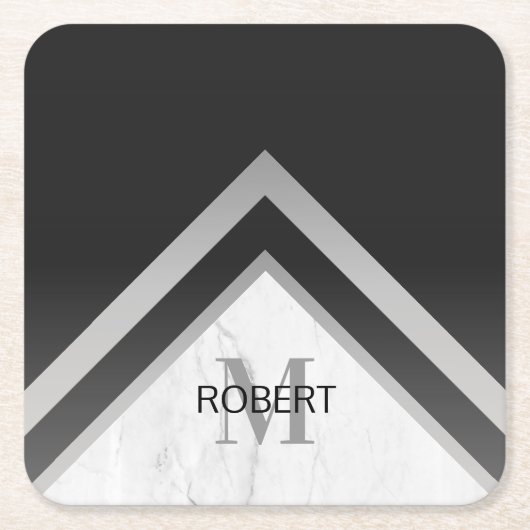 Geometrisches mit Monogramm schwarzes Silber Rechteckiger Pappuntersetzer (Vorderseite)