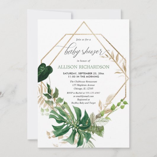 Geometrisches, modernes Grüngold geschlechtsneutra Einladung (Vorderseite)