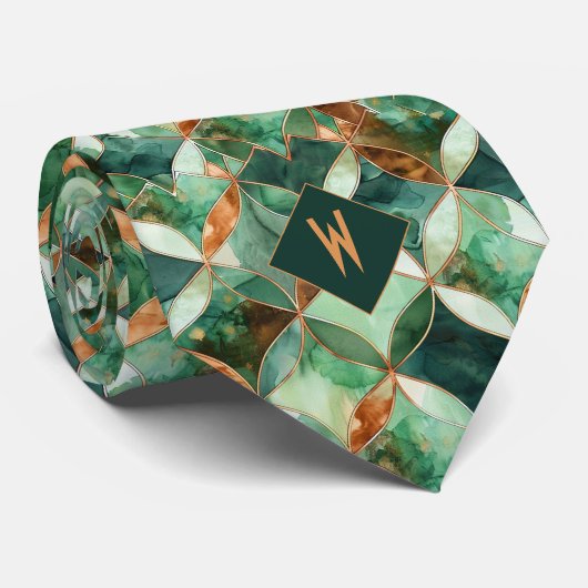 Geometrisches Monogramm (grün und kopperfarben) Krawatte (Gerollt)