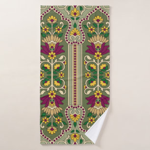 Geometrisches Mughal-Paisley-Muster auf grüner Hin Badehandtuch