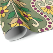 Geometrisches Mughal-Paisley-Muster auf grüner Hin Geschenkpapier (Rolleneckpunkt)