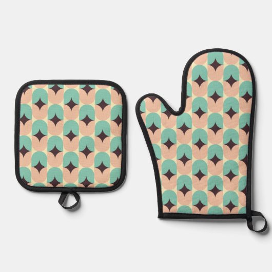 Geometrisches Muster aus türkisen, beigen und schw Ofenhandschuh & Topflappen-Set (Vorderseite)