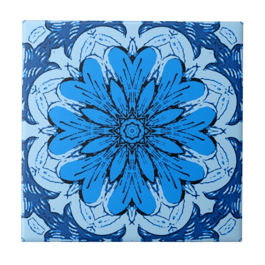 Geometrisches Muster der Blume in Cerulean & Light Fliese (Vorderseite)