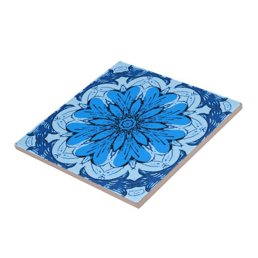 Geometrisches Muster der Blume in Cerulean & Light Fliese (Seite)